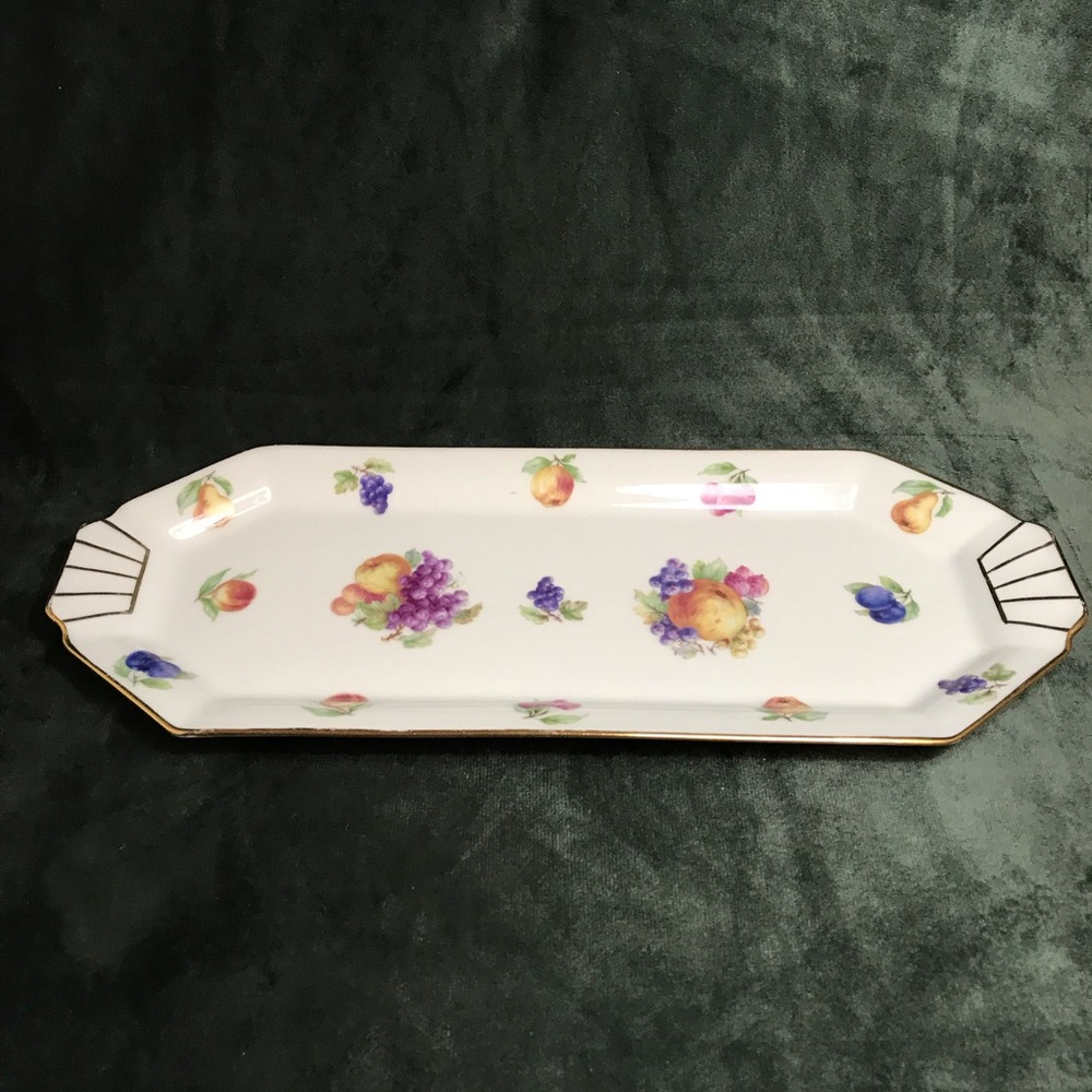 Lourlioux Le Faune Porcelain Serving Dish Long Rectangle Fruits Golden Trim